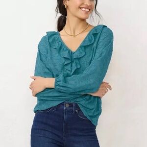 Lauren Conrad Women's Cascading Ruffle V neck Long Sleeve Blouse Top Size S Teal